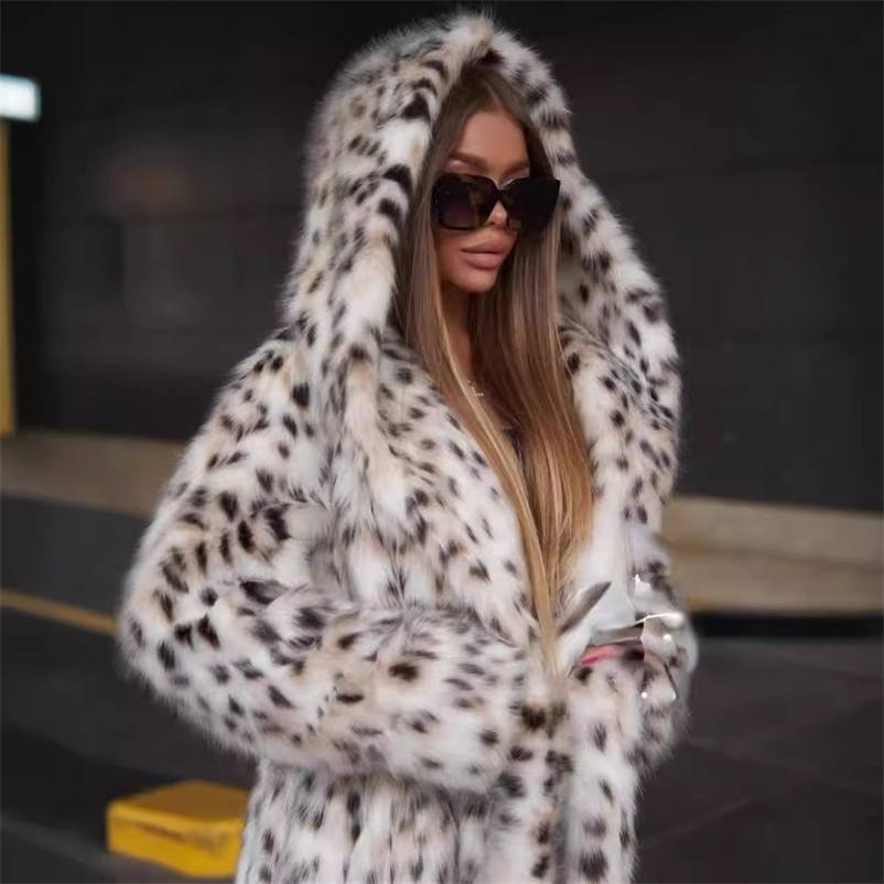 Leopard Print Womens Winter Eco Fur Jacket Color Matching Furry Hooded Females Faux Fur Coat Stylish Lady Long Mink Fur Coat 251121