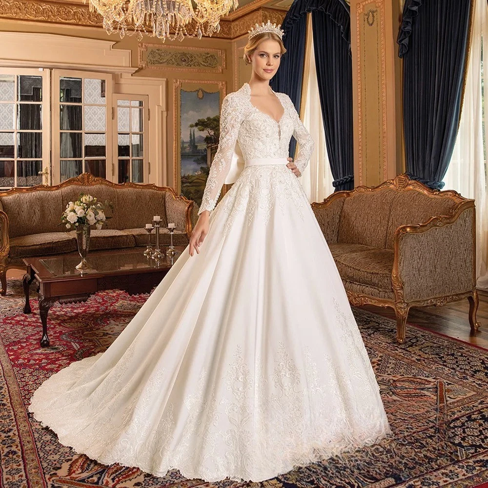 Graceful A-Line Wedding Dresses Lace Appliques Long Sleeves Ivory Satin Bridal Gowns With Bow Back V-Neck Classic Bride Dress Custom Made