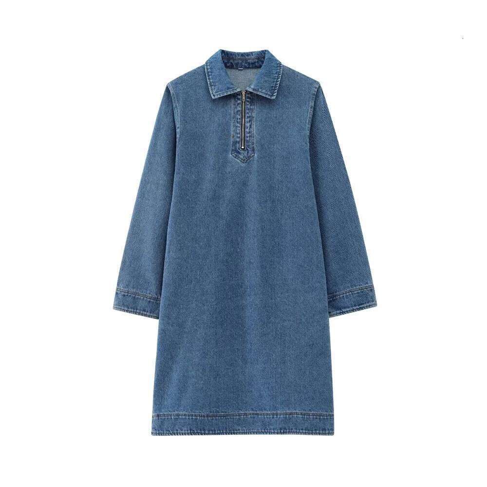 Designer Clothes Women S Casual Lapel Denim Zipper Half Placket Dress Spring New Long Sleeved Solid Color Loose Short Skirt Hot Selling
