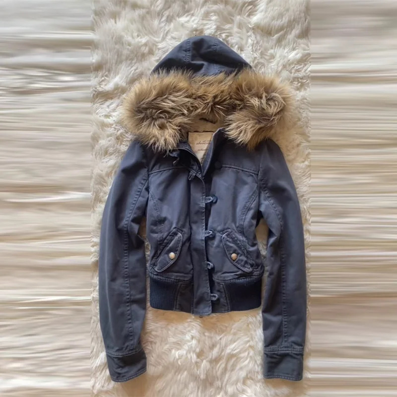 Womens Autumn Winter Vintage Detachable Fur Collar Denim Pocket Jacket Slim Fit Y2K Blazer Street Chic Outerwear Warm Coat 2025251205