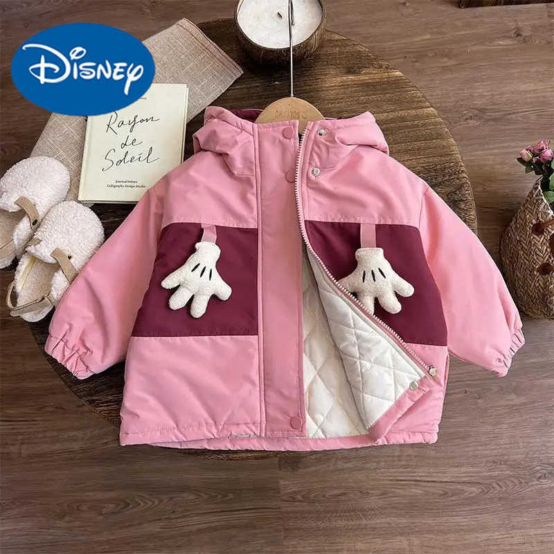 Disney Minnie Mouse Baby Girls Winter Coat 2025 Autumn Kids Color Block Cotton-Padded Thicken Hooded Jacket Children Clothing Outerwear H251213-image-1088254263