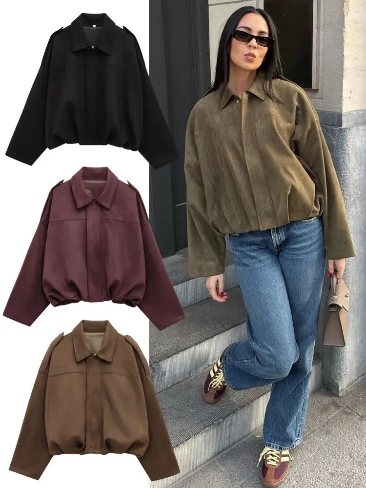 HH Vintage Womens Suede Texture Bomber Jacket Female Lapel Zipper Long Sleeve Casual Coat Soild Spring Street Outerwears 251211