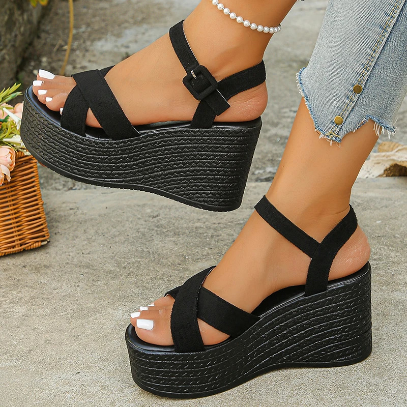 Black Cross Strap Womens Wedge Sandals Fashion Chunky Platform Sandals Woman Summer Thick Bottom Non Slip Beach Sandalias 251209