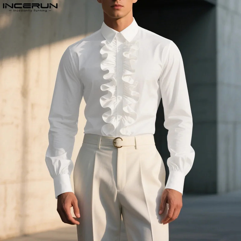 INCERUN Men Shirt Solid Color Lapel Long Sleeve Button Loose Men Clothing Ruffle Streetwear 2025 Elegant Fashion Casual Tops251205