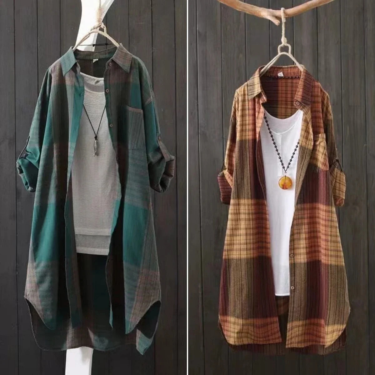Camicetta da donna alla moda casual, camicia temperamento scozzese con risvolto e bottoni larghi, cardigan adatto per la primavera e l'autunno 25121