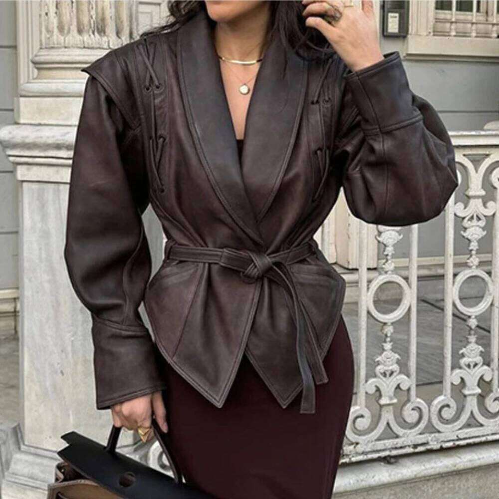 Suninheart Autumn And Winter Faux Leather Jackets For Women 2025 Dropped Shoulder Oversized Coat Belted Corset Jacket