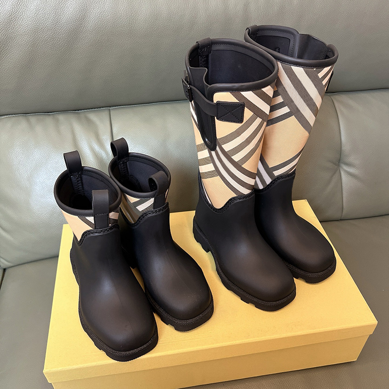 Woman Classic Check Rainboots Designer Marsh Boots Rubber Rain Boots Black Plaid High Boots Wellington Boot Ankle Booties Knight Boots Shoes 1004