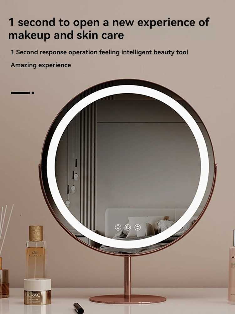 Circular desktop LED makeup mirror with light smart sensing touch makeup fill light mirror rotatableT251213-image-1088274322