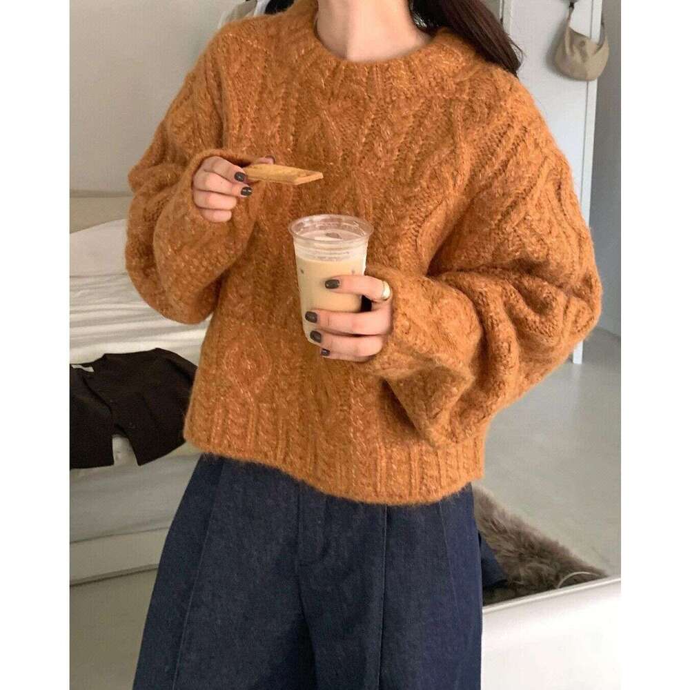 Loose New Style Lazy Sweater For Women Round Neck Korean Retro Long Sleeve Pullover Autumn Winter Short Orange Black Luxury