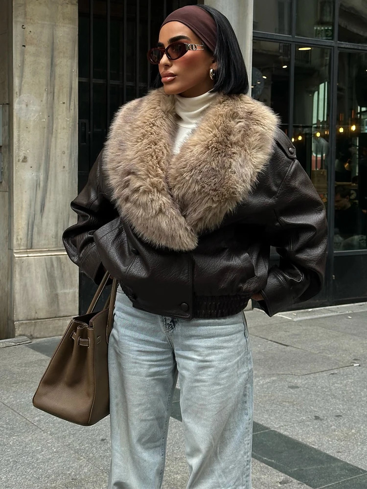 HH Vintage Women Faux Fur Patchwork Leather Jacket Fashion Female Detachable Fur Collar Double Breasted Winter Warm Street Coat 251211