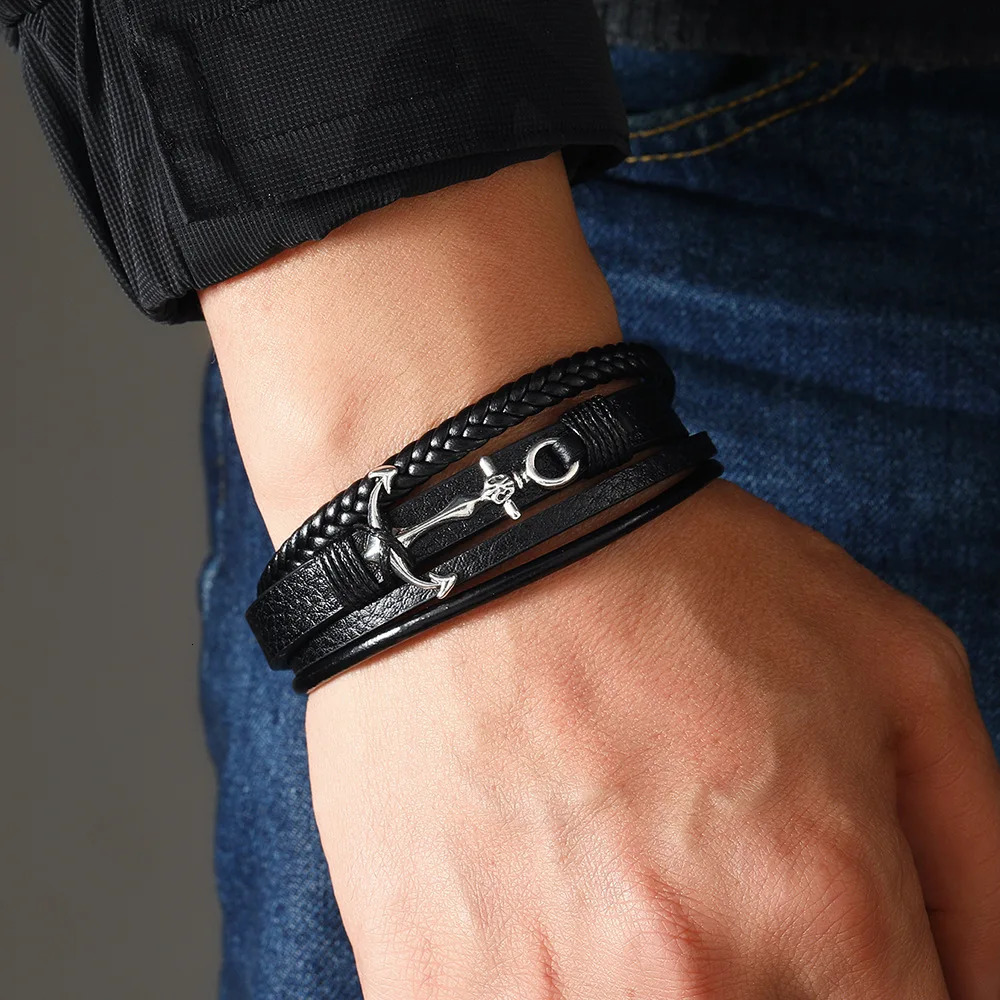Pulsera de cuero para hombre, ancla de aleación, estilo Simple, hebilla magnética hecha a mano multicapa para hombre 251203