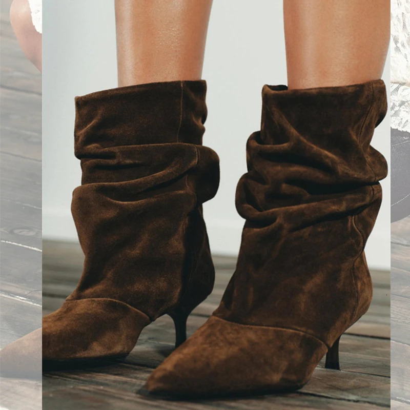 Liyke er Pleated Sued Ankle Boots For Women Winter Street Vintage Pointed Toe Thin Low Heels Runway Shoes Brown Booties 251212