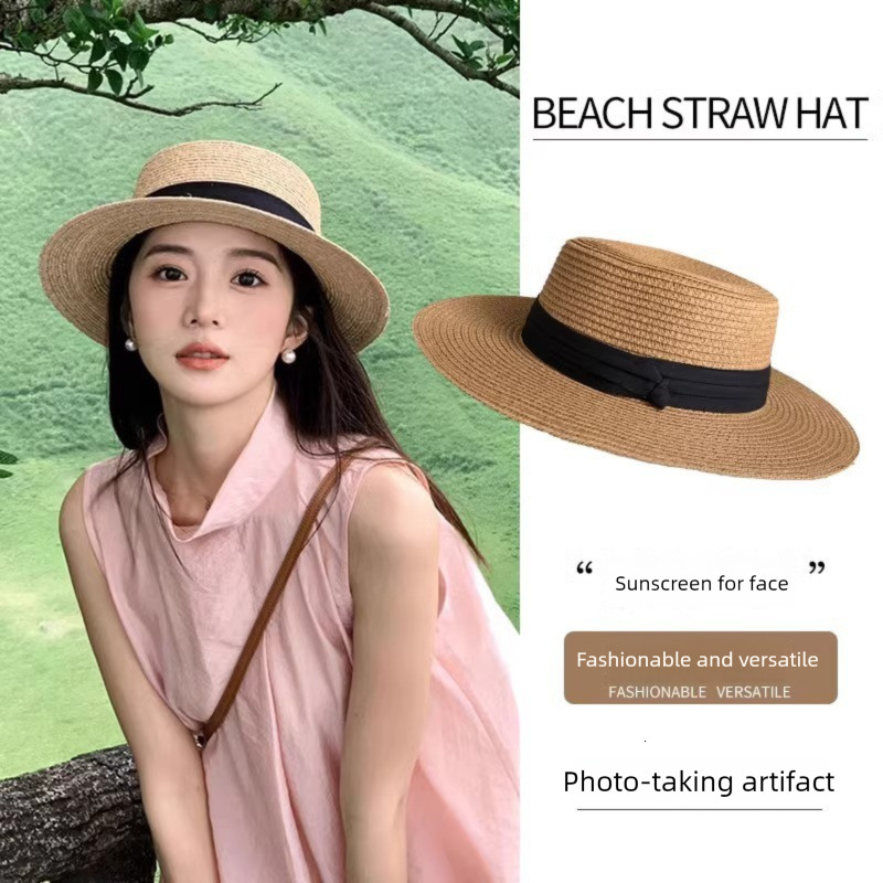 NEW Spring Summer Straw Hats for Women Round Bumpy Surface Flat Top Bowknot Dress Cap Travel Beach Sun Hat Gorra ddmythur