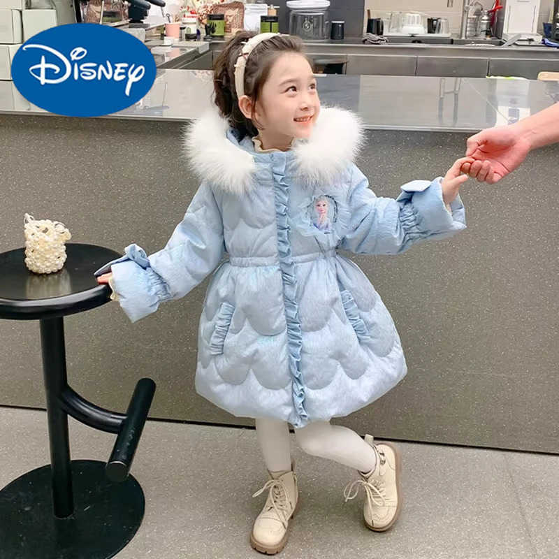 Disney Frozen Elsa Girls Downcoat 2025 Winter Kid Clothes Fur Collar Hooded Padded Cotton Thicked down Jacket Children Princess Costume H251213-image-1088254325