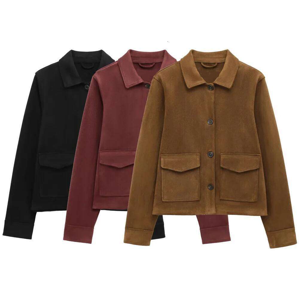 Designer Clothes Women S Flip Cover Patch Bag Suede Texture Spring New Long Sleeve Collar Loose Jacket Hot Selling