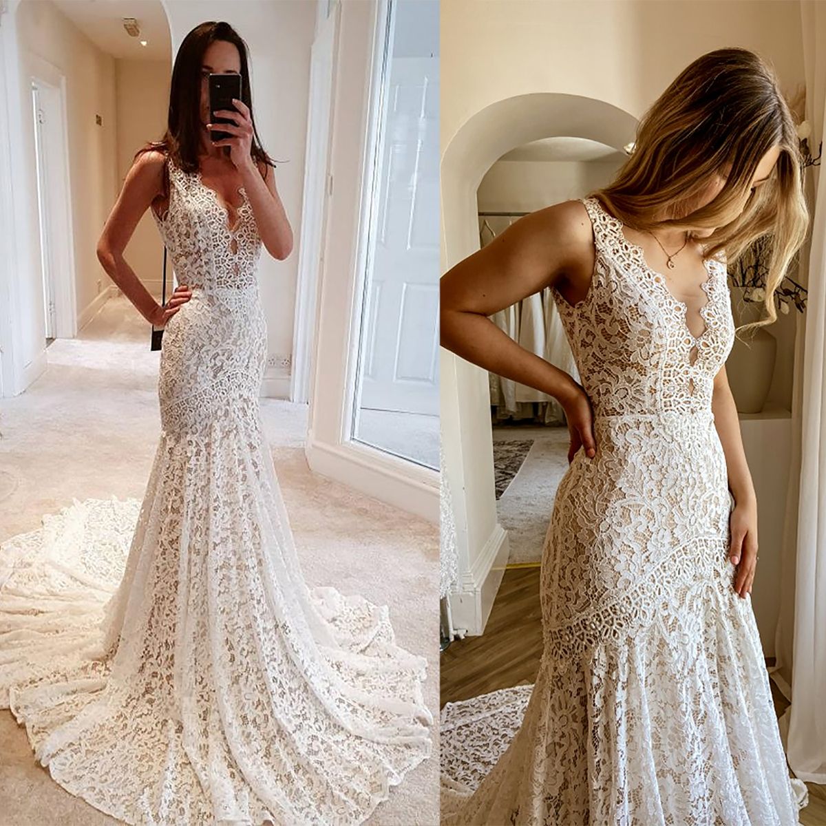 French Lace Boho Mermaid Wedding Dresses Chapel Train Deep V Bridal Gowns Backless Bride Dresses Second Birthday Engagement Party Dresses D13