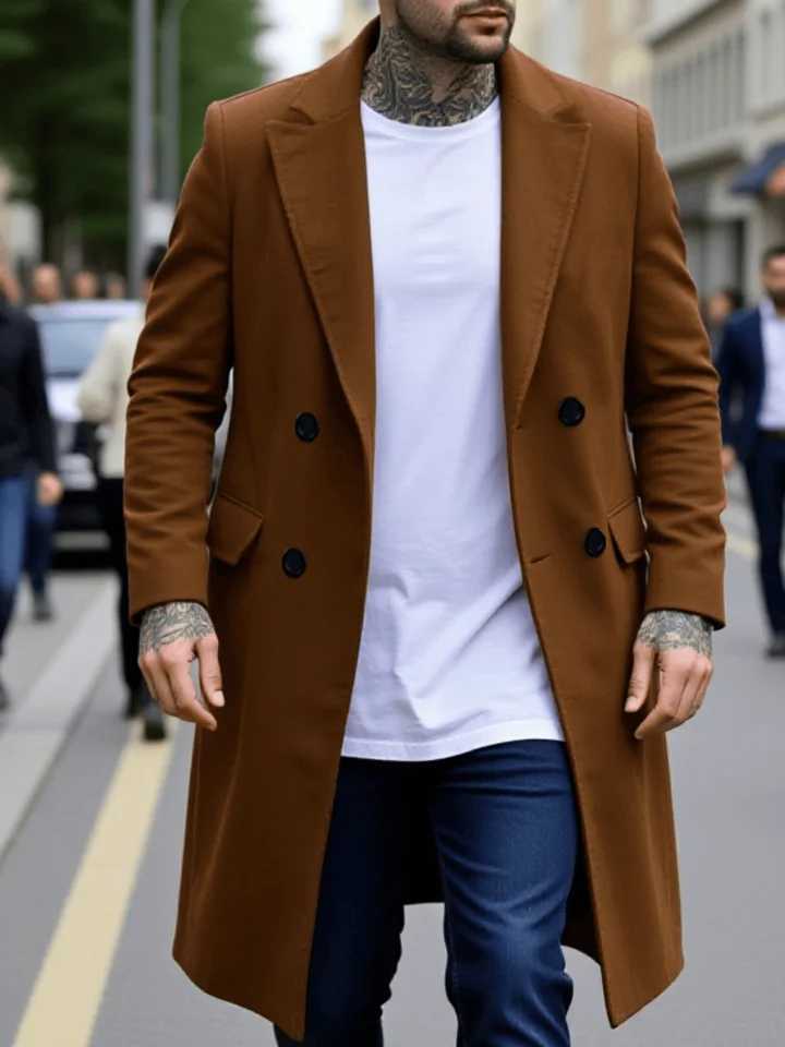 Mens New Winter Woolen Coat Pure Color Long Jacket Double Breasted Warm Thick Lined Stylish Outerwear for Cold SeasonT251213