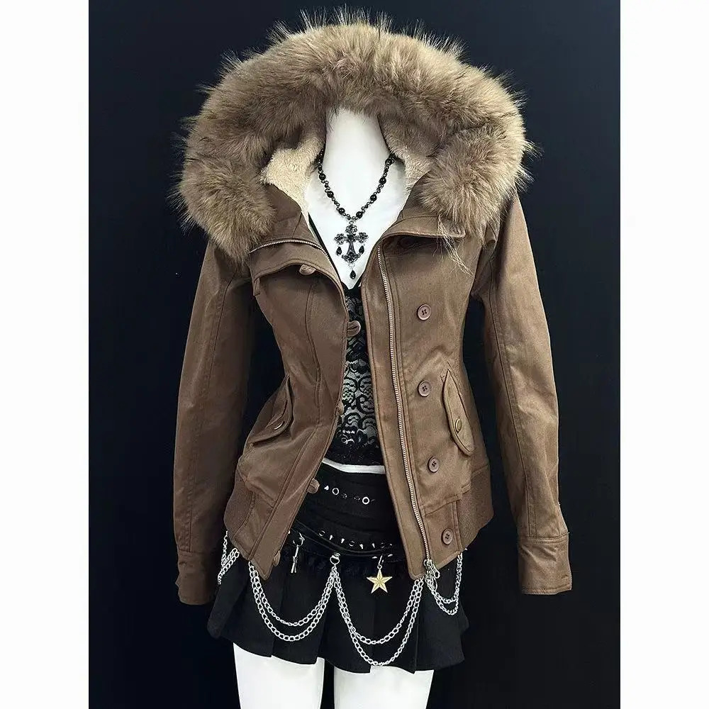 Vintage sle coat can accommodate brown fce lining jaet fur button details long sve zipper and womens slim Denim jacket251205