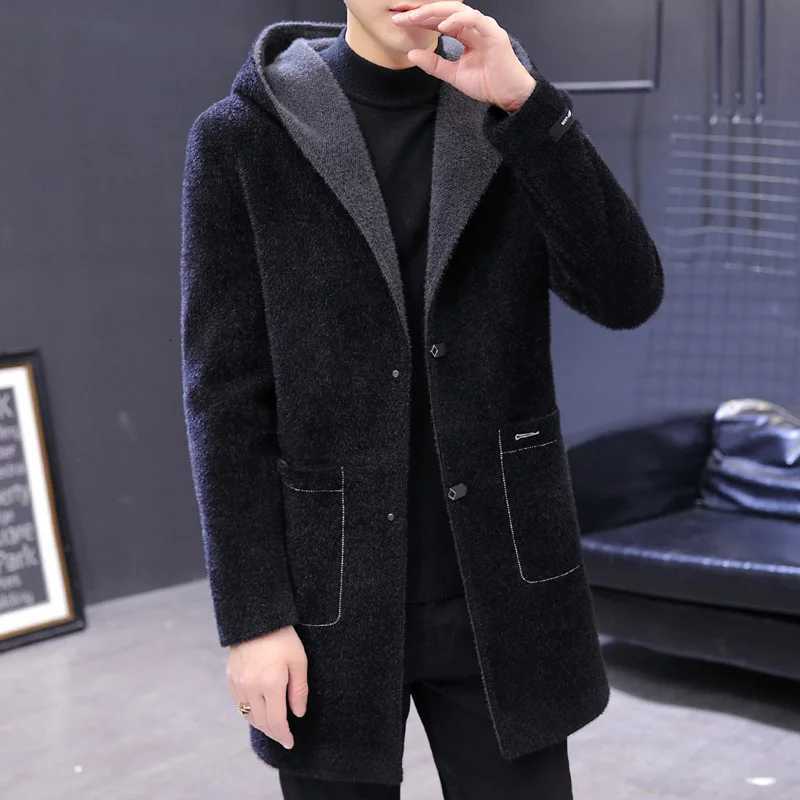 Casual Mens Warm Hooded Woolen Coat Autumn Winter Outwear Solid Mink Fur Thick Overcoat Youth Slim Fit Plush Windbreaker JacketT251213