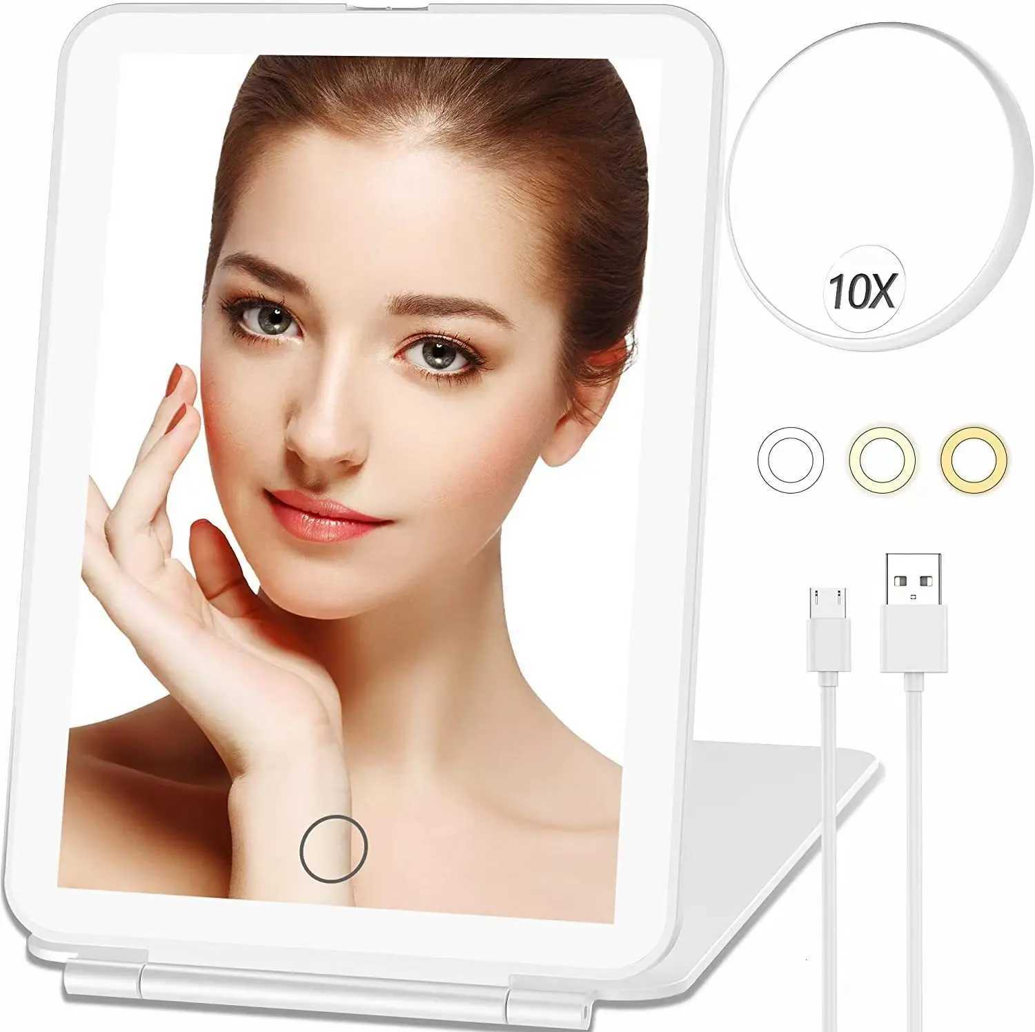 Makeup Mirror with 10X 3 Color Lights Magnifying 72 LED Lights Vanity Mirror Travel Mirror Compact Cosmetic Foldable MirrorT251213-image-1088276160