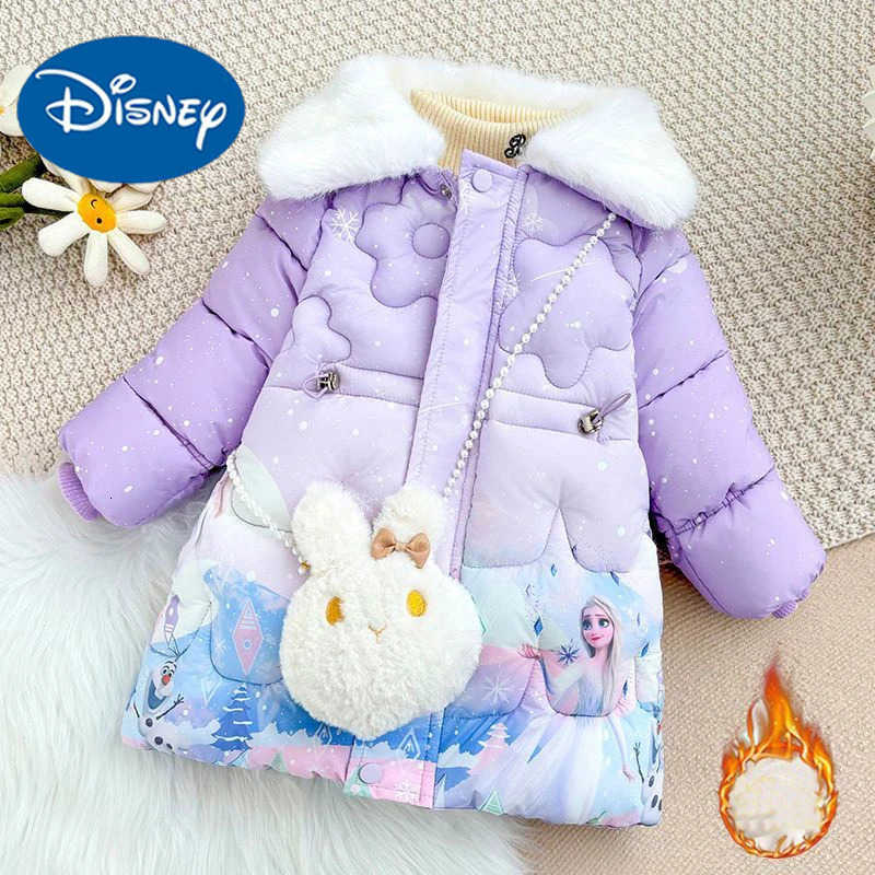 Disney 2025 Winter Frozen Elsa Baby Girls Coats Cartoon Plush Lapel Collar Thicken Padded Warm Parkas for Kids Princess Jackets H251213-image-1088254284