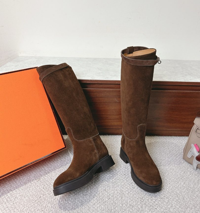 Designer Jumping Boot Pump Top Ladies Over The Knee Boots Suede Black Leather Tall Boot Buckle Low Heeled Platform Shoes Winter Pop Fashion Long Boo
