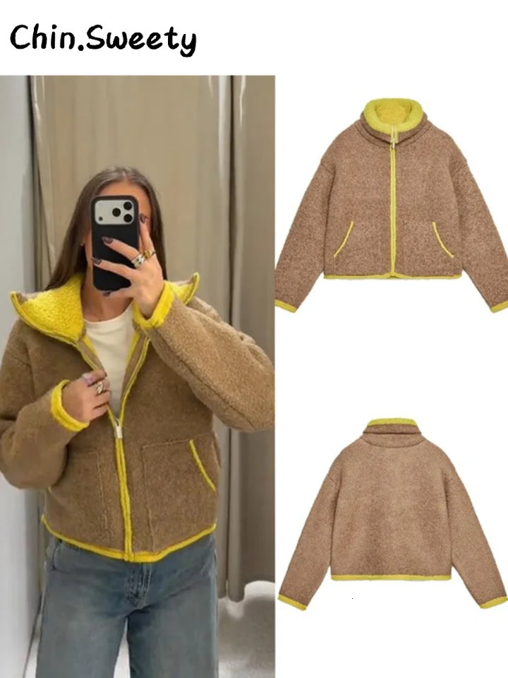 Casual Womens Contrast Color Knitted Coats Stand Collar Full Sleeve Zipper Pockets Jacket 2025 Autumn Winter Lady Warm Outwear251205