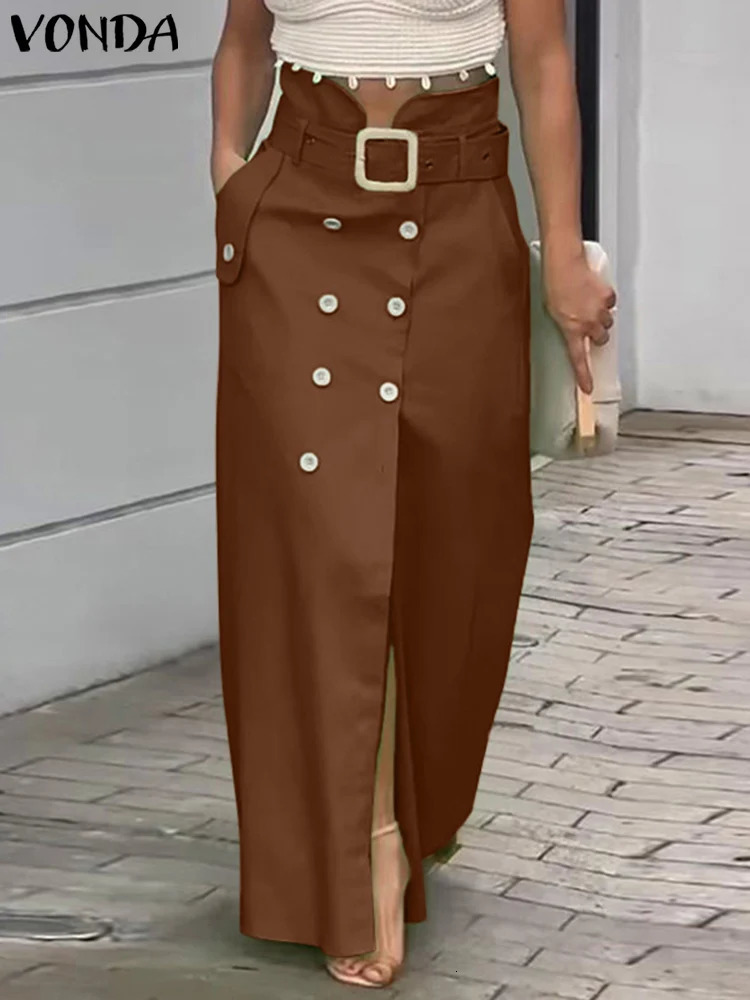 VONDA Women Elegant Skirts 2025 Casual Waistband Button Design Slit Long Overskirts Solid Color Office Lady Bottoms Oversized251205