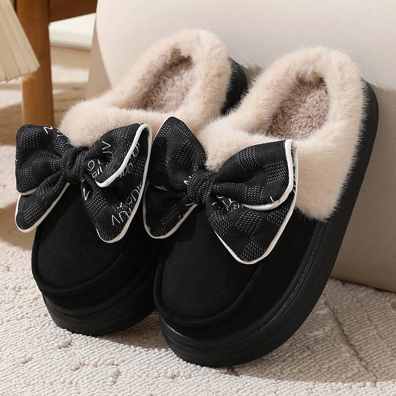Lovely Bow Women Winter Toe Wrap Warm Solid Cotton Slippers Thick Soft Sole Slides Femmer Indoor Floor Flat Home Non-slip Shoes ddmykukumalu