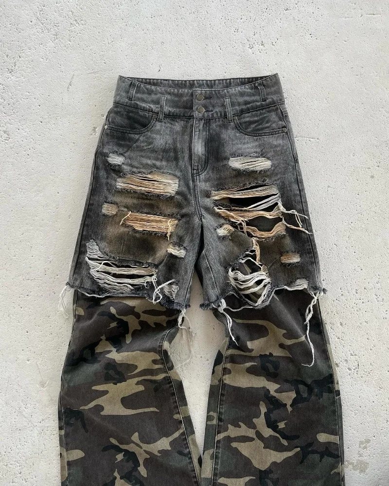 High street retro hip hop camouflage perforated rock men loose wide leg pants Y2K Harajuku Gothic American trendy jeans 251210