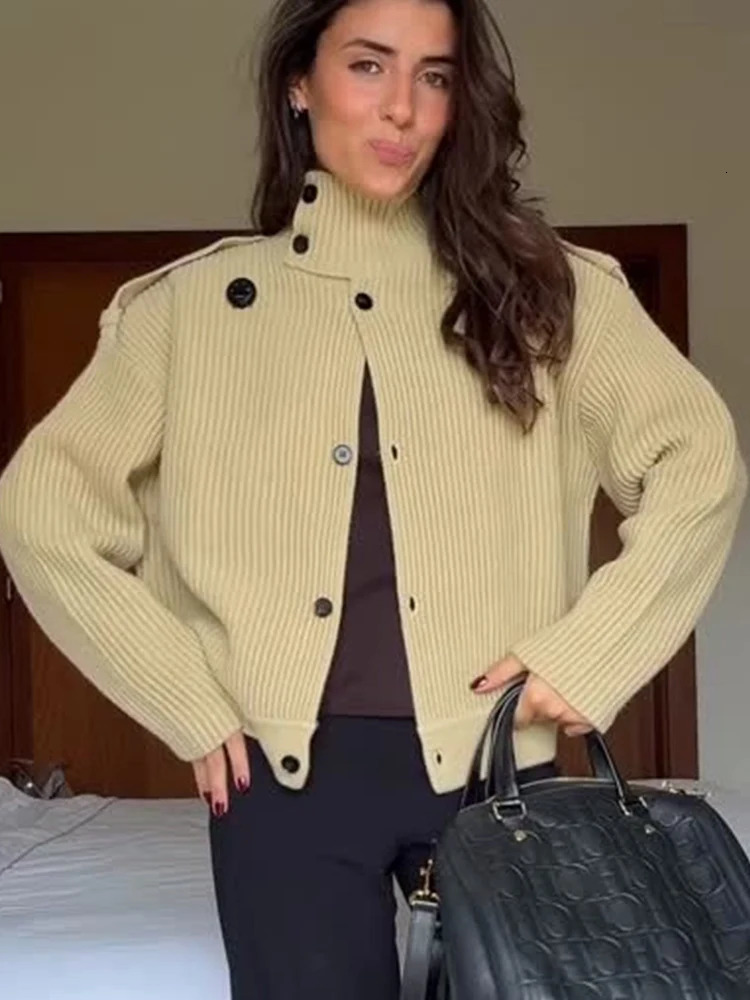 TFMLN Womens Knitted Cardigan Solid Stand-Up Collar Epaulet Single Breasted Female Sweater Coat Loose Fit Casual Knitwear251205