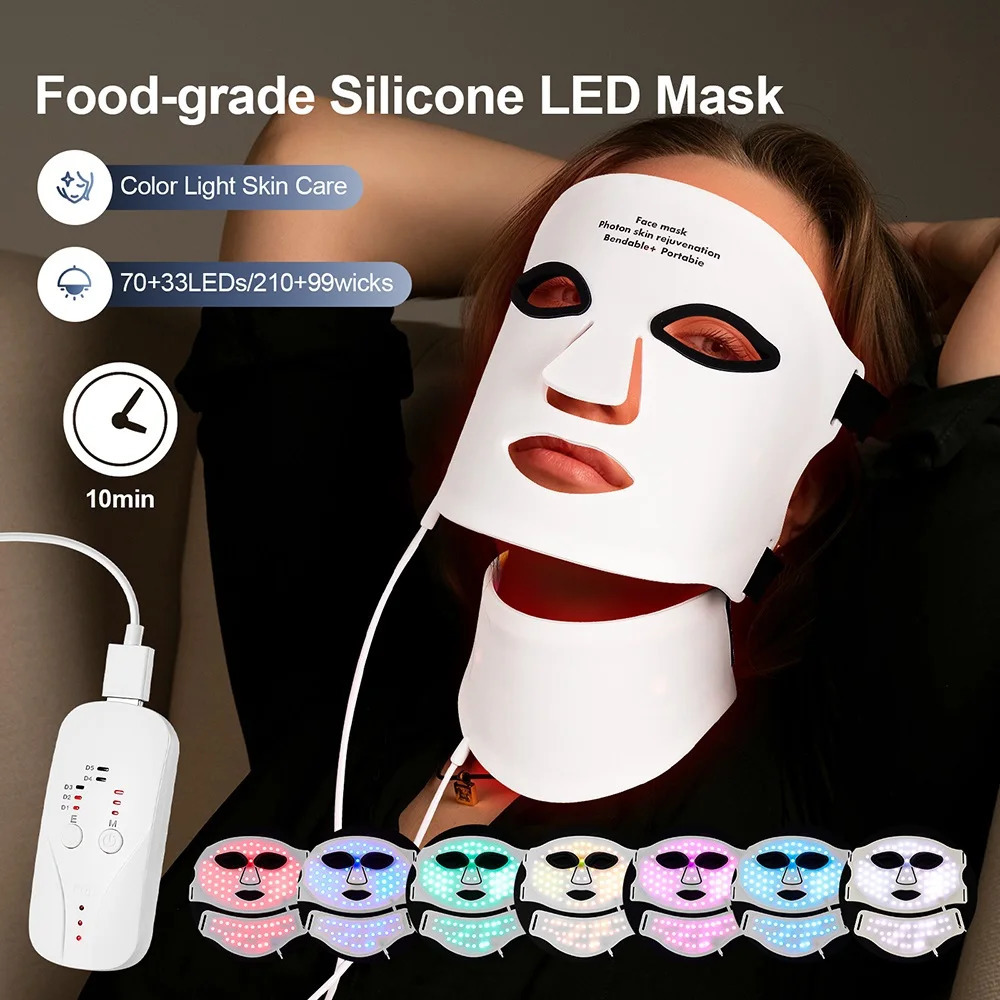 Silicone LED Mask Face With Neck 7 Colors LED Pon Red Light Infrared Flexible Facial Mask Skin Wireless Use 251211
