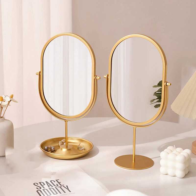 New Desktop Makeup Mirror Household Bedroom Vanity Mirror Iron Frame Oval Cosmetic Mirrors Two Style Flat Base and Storage BaseT251213-image-1088275151