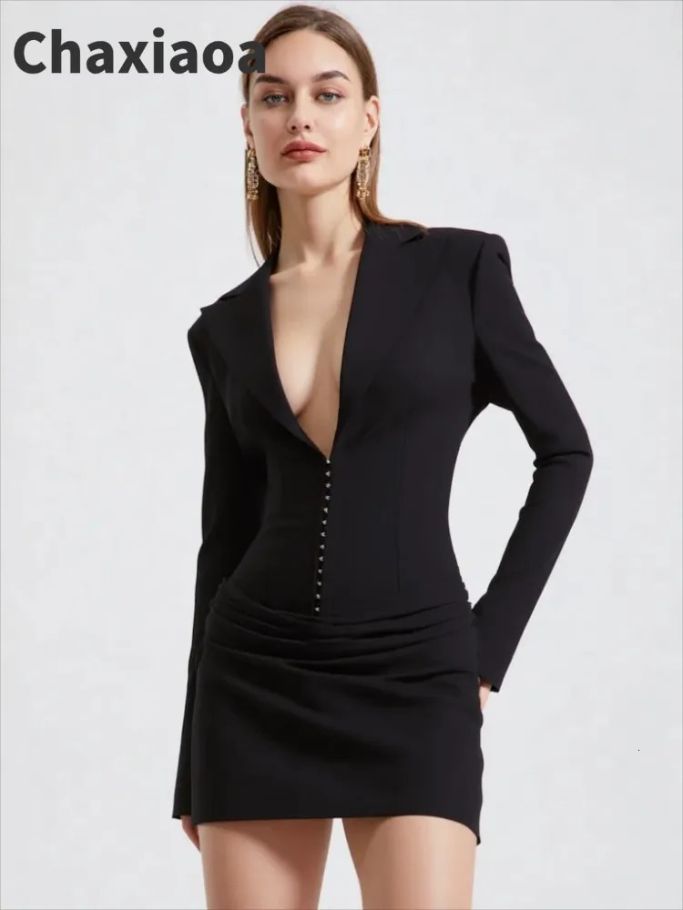 Chaxiaoa Long Sleeve Deep V Neck Ruched Sexy Mini Dress Women Autumn Winter Fashion High Waist Club Party Blazer Dresses Female 251211