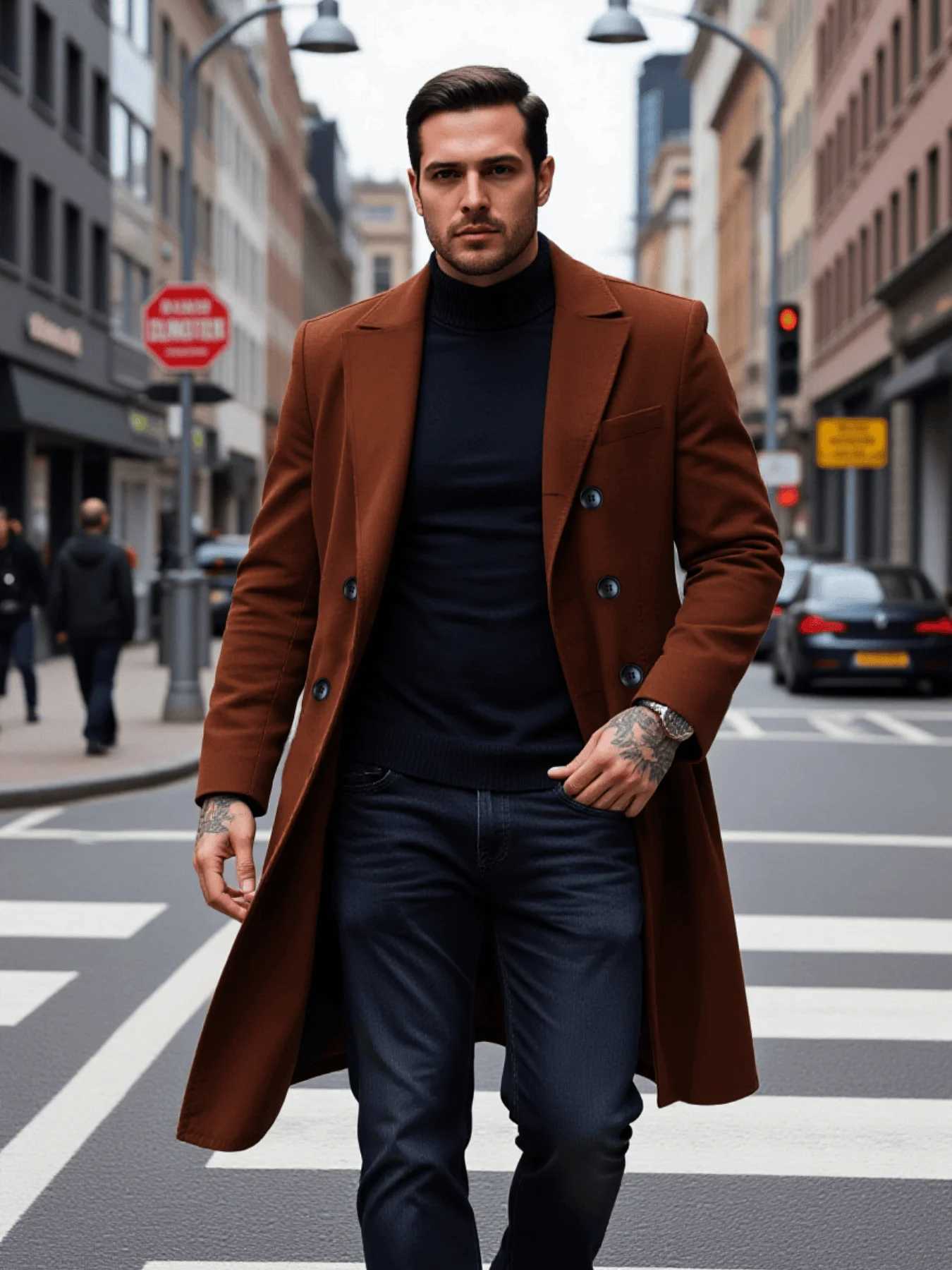 Mens Overcoat Warm Double-Breasted Trench Coat New Autumn/Winter Thick Woolen Windproof Fashionable Streetwear OuterwearsT251213