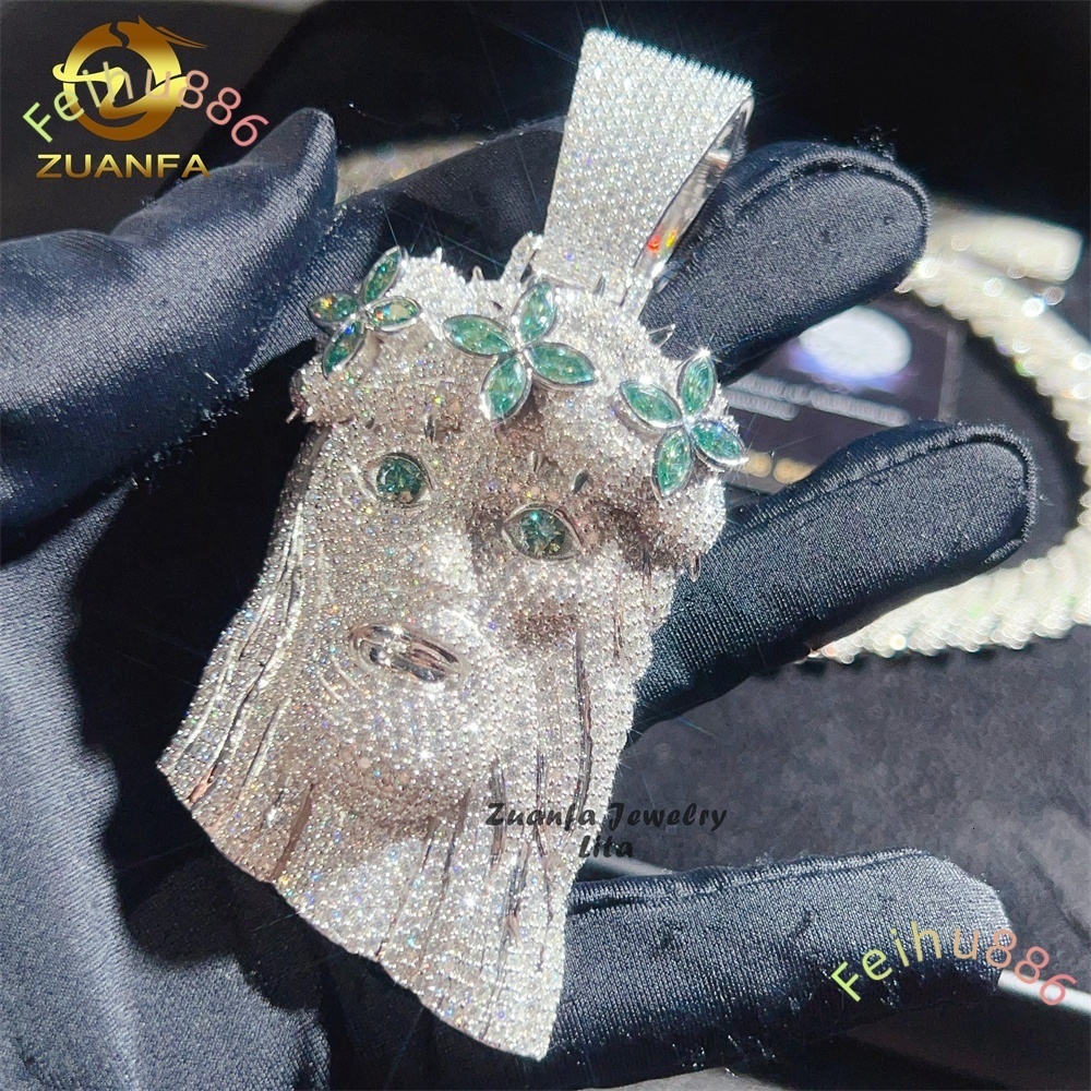 Hot Selling Hip Hop Blue Green Diamond 3D Custom Tall Iced Out Silver Moissanite Jesus Pendant