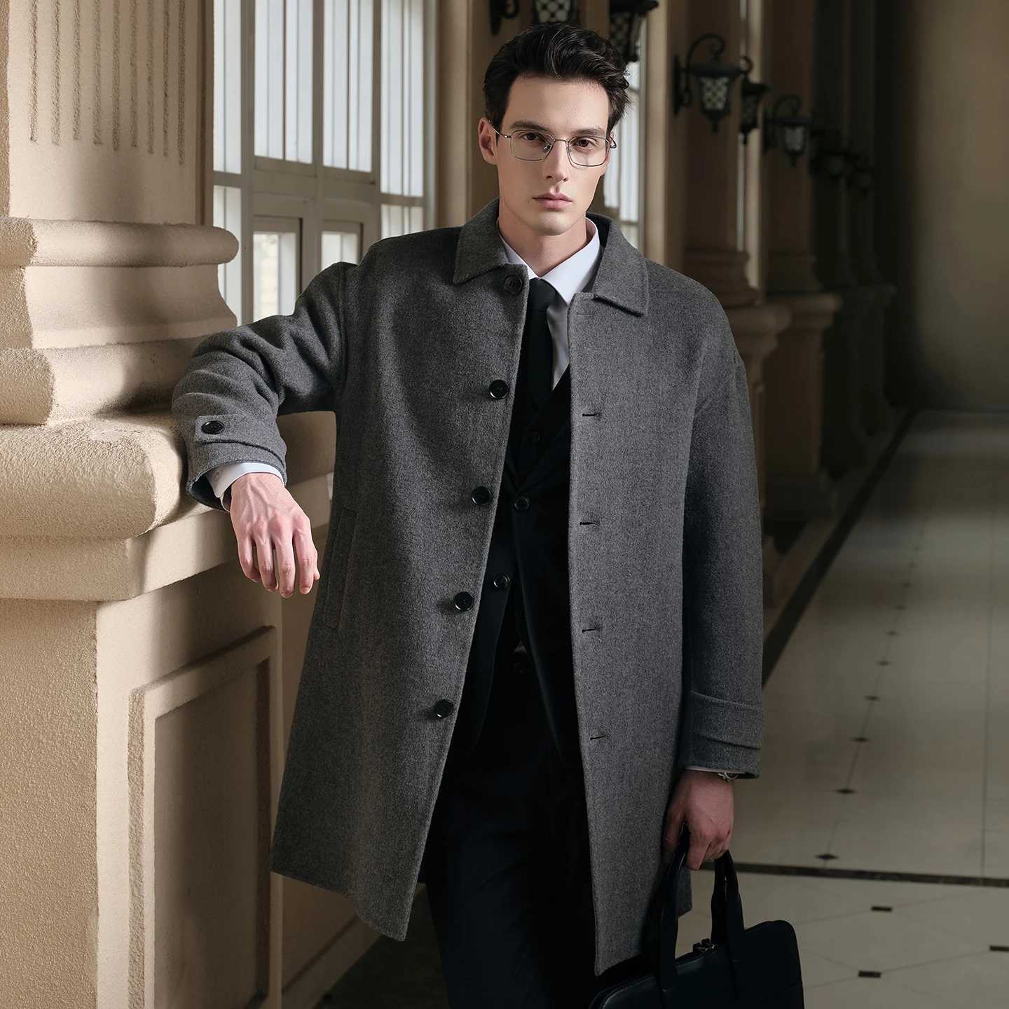 Classic French Men Cashmere Coat Mid-length Style Merino Wool Coat Single Breasted Decoration High Quality Business OvercoatT251213