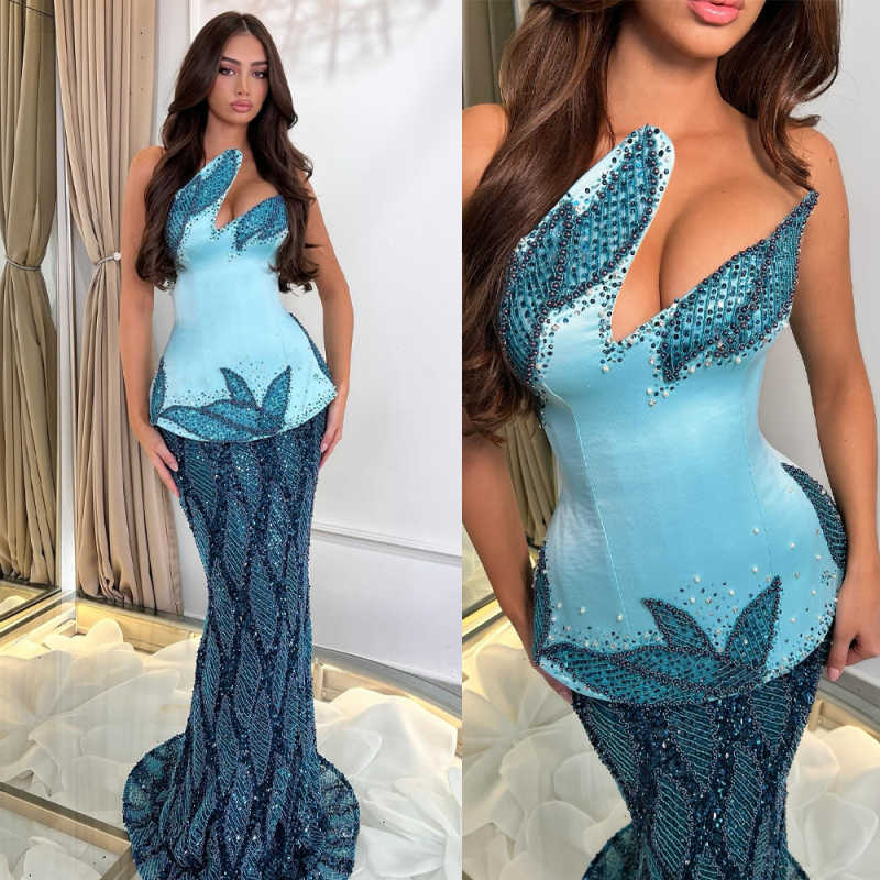 Affascinante abito da sera a sirena senza spalline senza maniche in rilievo abiti da ballo sexy perle paillettes abiti da festa lunghi fino al pavim