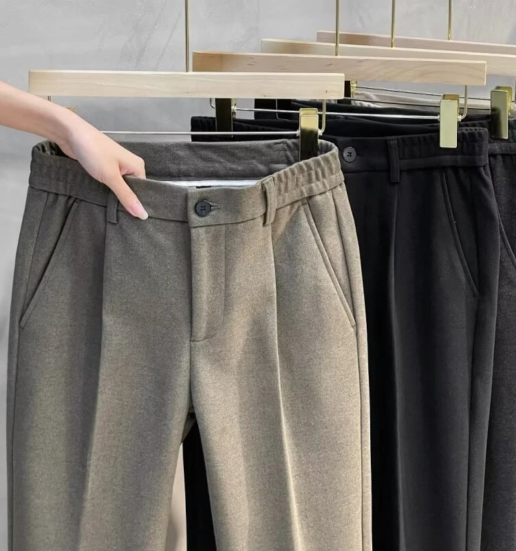 Mens Woolen Straight Leg Pants Autumn Winter Thiened Casual Long Trousers Faionable Korean Sle Nine Points Pants 251211