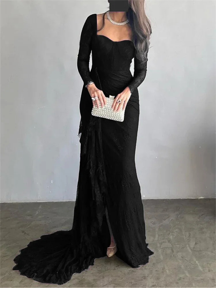 Modigirl Womens Black Wedding Dresses for Party Evening Formal Bodycon Autumn FloorLength Elegant Woman Lace Long Dress 251212