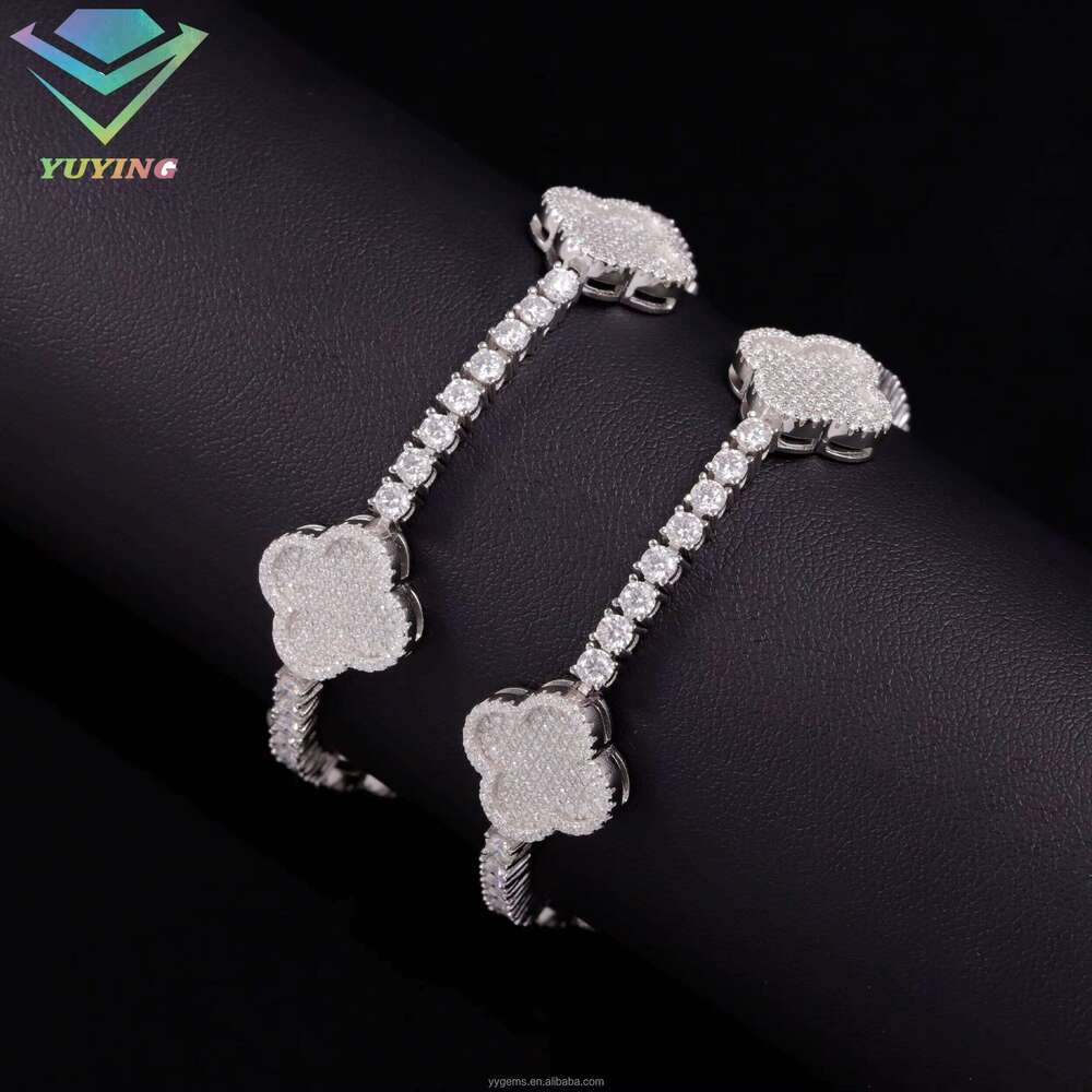 Lucky Four-Leaf Hip-Hop Jewelry 3mm 4mm 925 Sterling Silver Iced Clover Tennis Bracelet Ice With VVS Moissanite