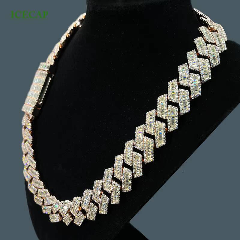 VVS Baguette Moissanite Diamond Cuban Link Chain Two Tone Hip Hop Fine Jewelry Necklace for Men 925 Sterling Silver Cuban Chain