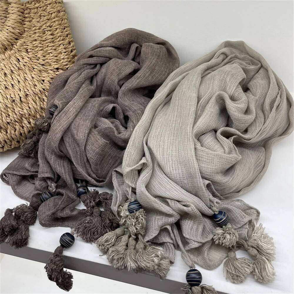 Women's Retro Literary Wooden Bead Pendant Cotton Linen Scarf Solid Color Spring Autumn Winter All-Match Long Casual Shawl Gifts