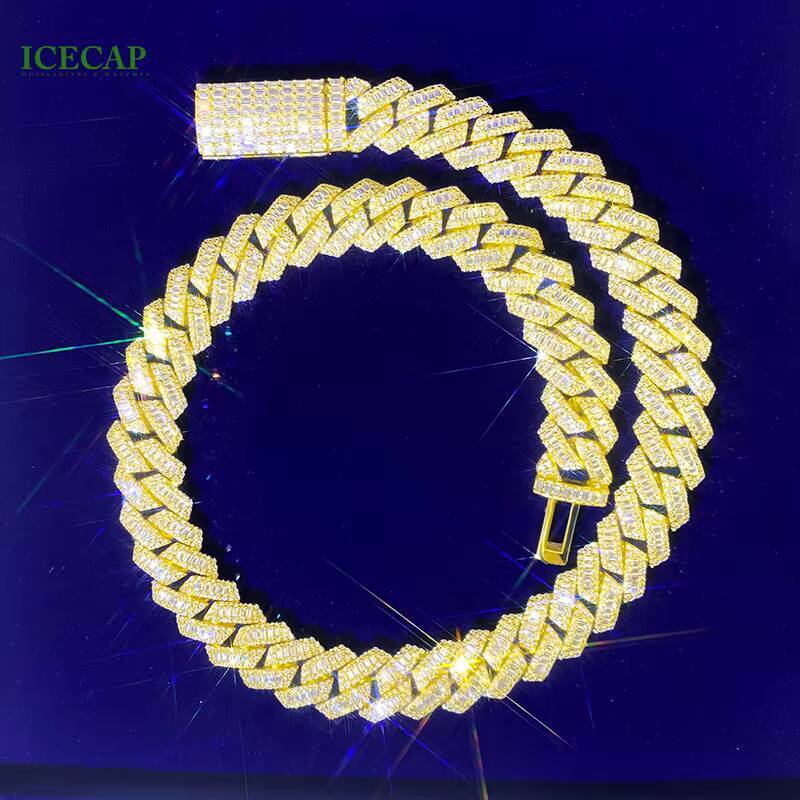 20mm Iced Out Moissanite Diamond 925 Silver Gold Plated Trapezoid Cuban Link Chain Hiphop Cuban Moissanite Necklace Bracelet