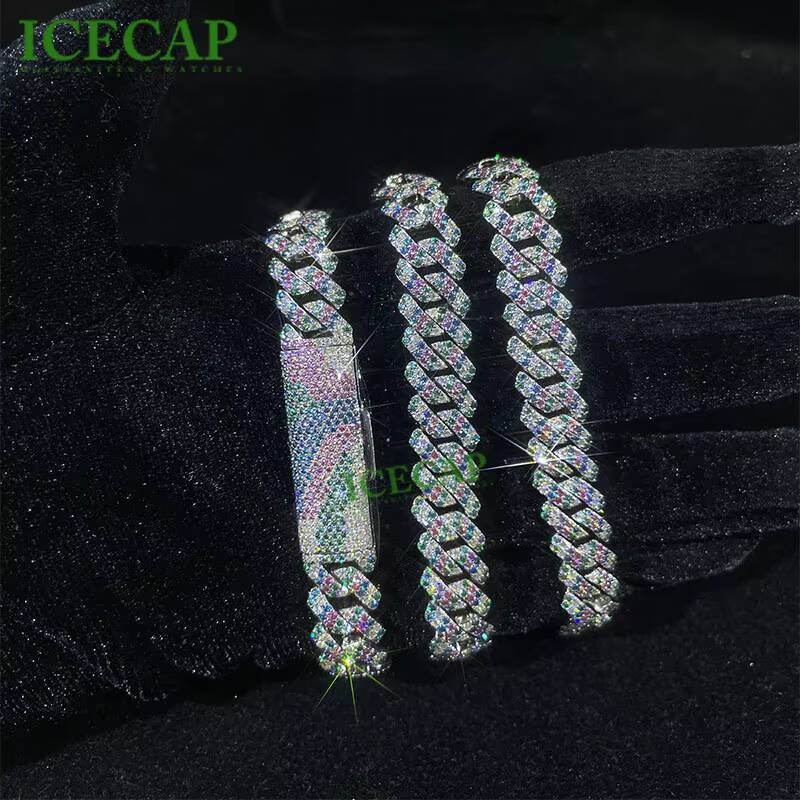 Custom VVS Mossanite 925 Sterling Silver Jewelry Gold Plated Charms Iced Out Diamonds Hip Hop Necklace Colorful Cuban Link Chain