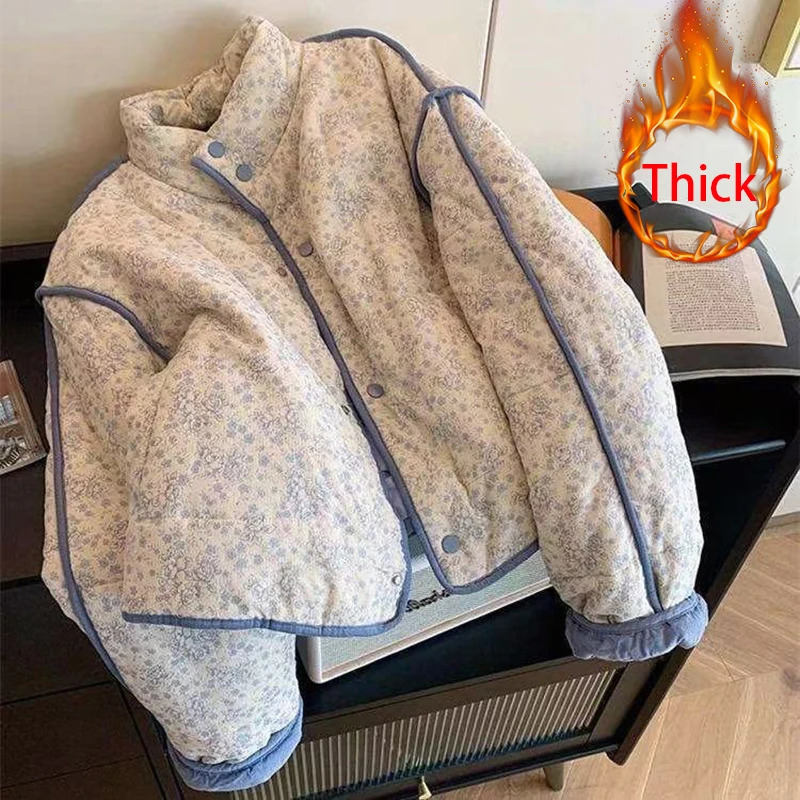 Short Floral Parkas Women Vintage Corduroy Puffer Jacket Harajuku Korean Fleece Down Coats Winter Warm Cotton Padded Outerwears 251210