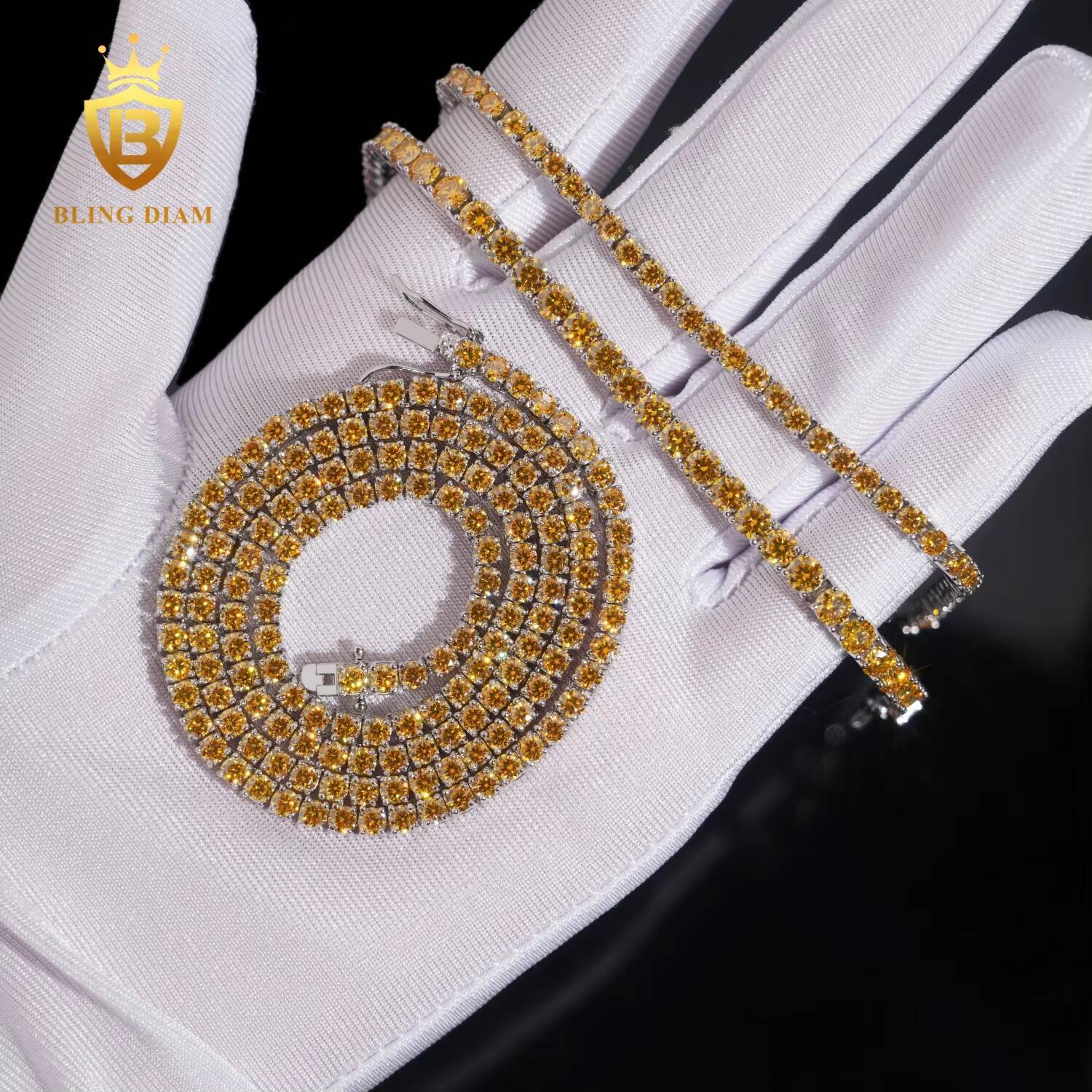 New Fashion 925 Sterling Silver Iced Out Hip Hop Jewelry Gold Yellow Moissanite 3mm 4mm 5mm Tennis Chain Necklace