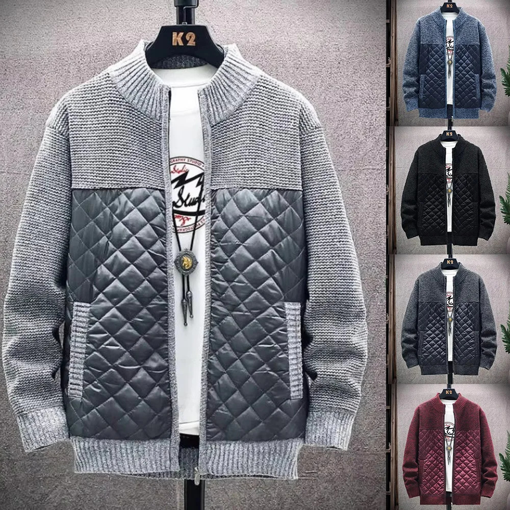 Mens Sweater Jacket Coat Fuzzy Lining Cardigan Warm Patchwork Thermal Sweatercoat Standup Collar Plus Size Clothing 251211