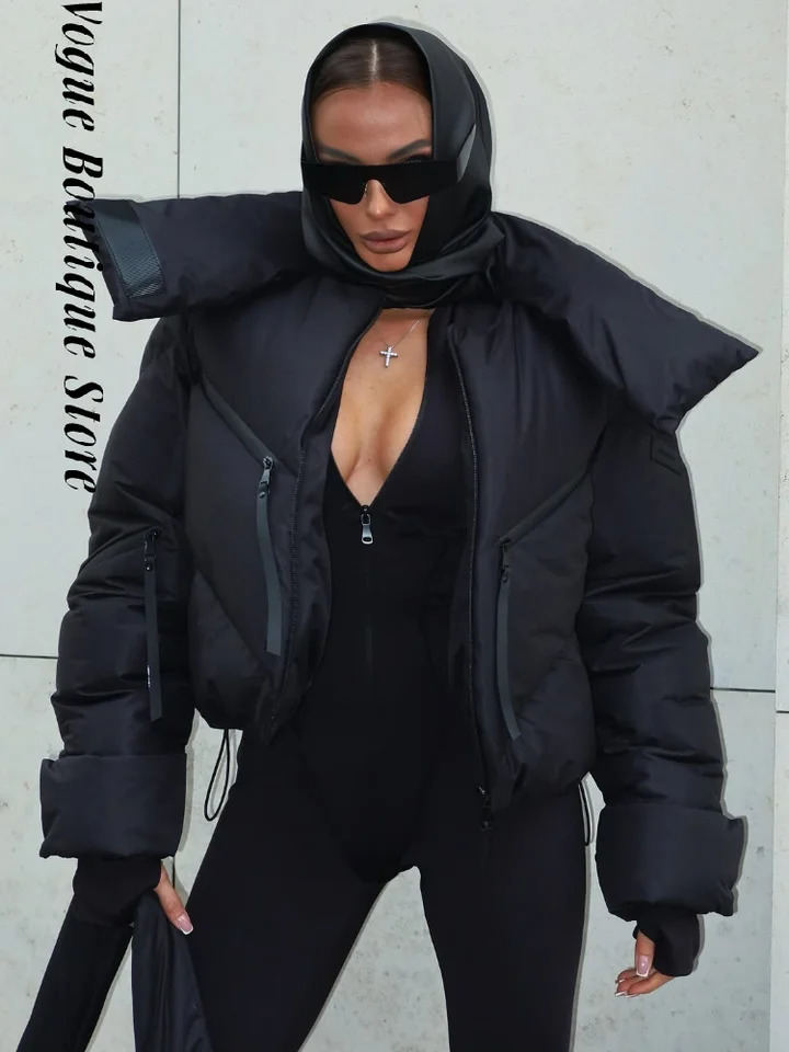 Chic Stand Collar Short Cotton Jacket Women Loose Contrast Warm Full Sleeve Zipper Jackets Fashion Autumn Winter Coat Lady 251210