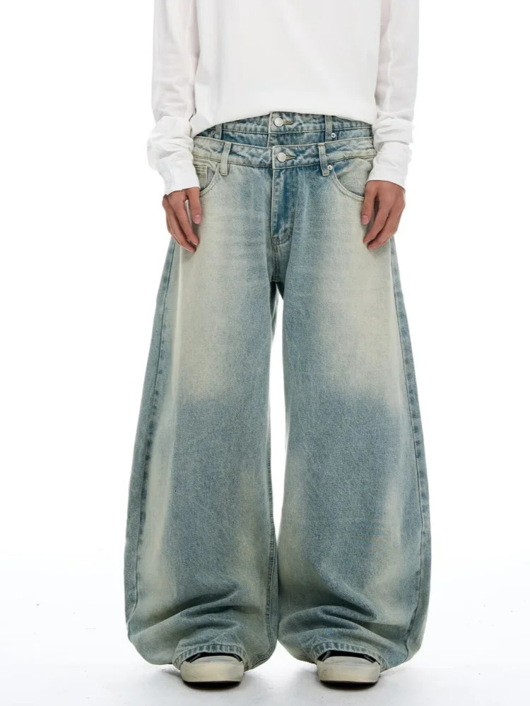 American Retro Y2K Style Washed Blue Double Waistband Baggy Jeans Pants For Men Clothes Wide Leg Fashion Denim Trousers 251210
